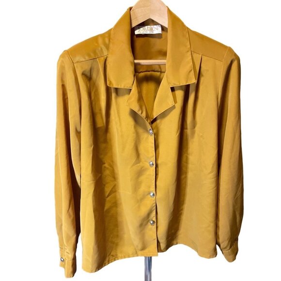 Jordan Brownish Mustard Yellow Button Front Long Sleeve Blouse Top - Picture 1 of 7
